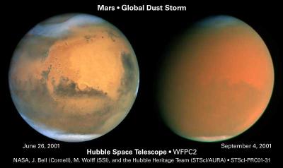Tempête martienne observée par Hubble